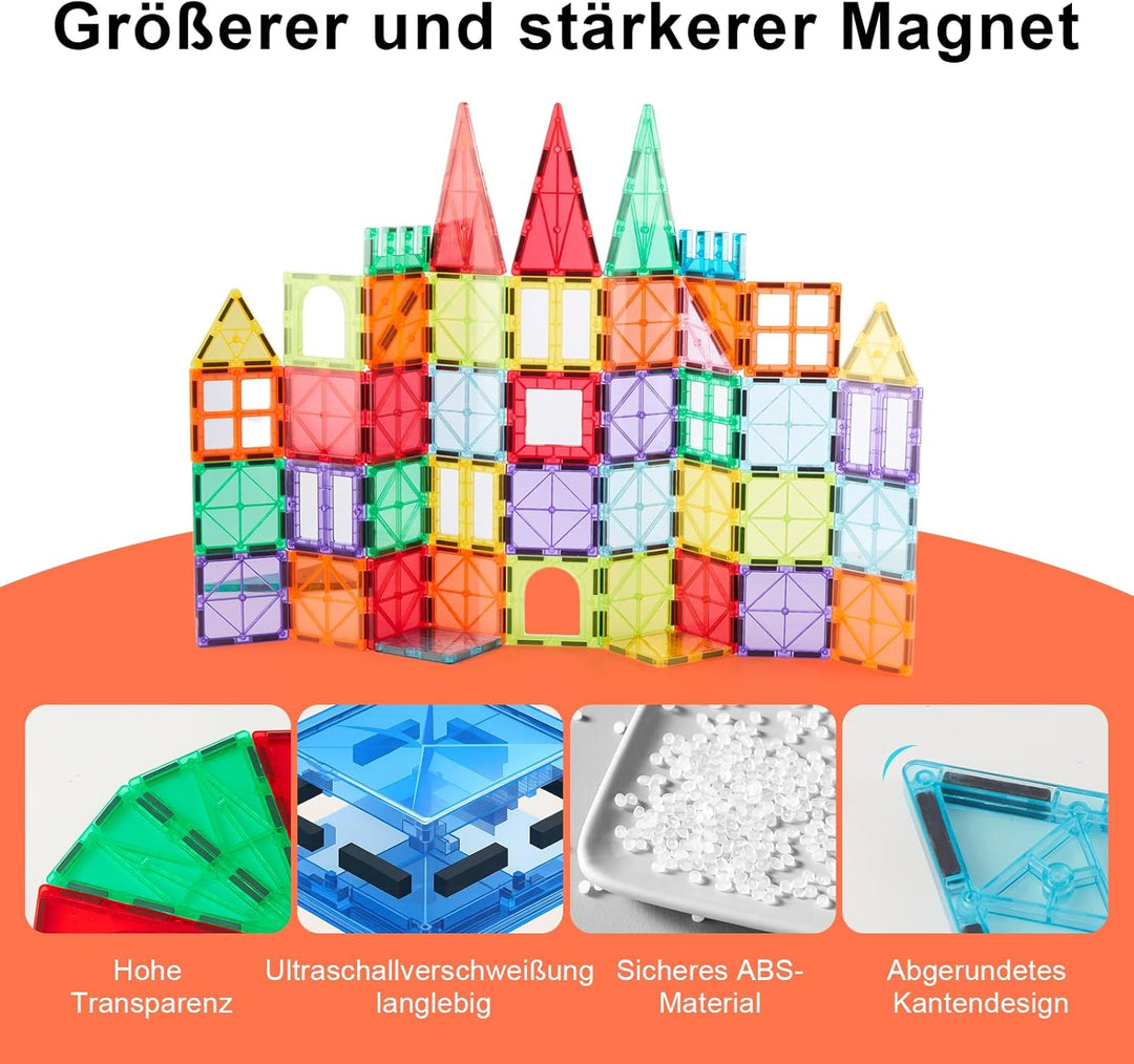 100 Stück magnetische Bausteine für Kinder, STEM Magna Tiles 3D-Konstruktionsspielzeug zum Lernen fü