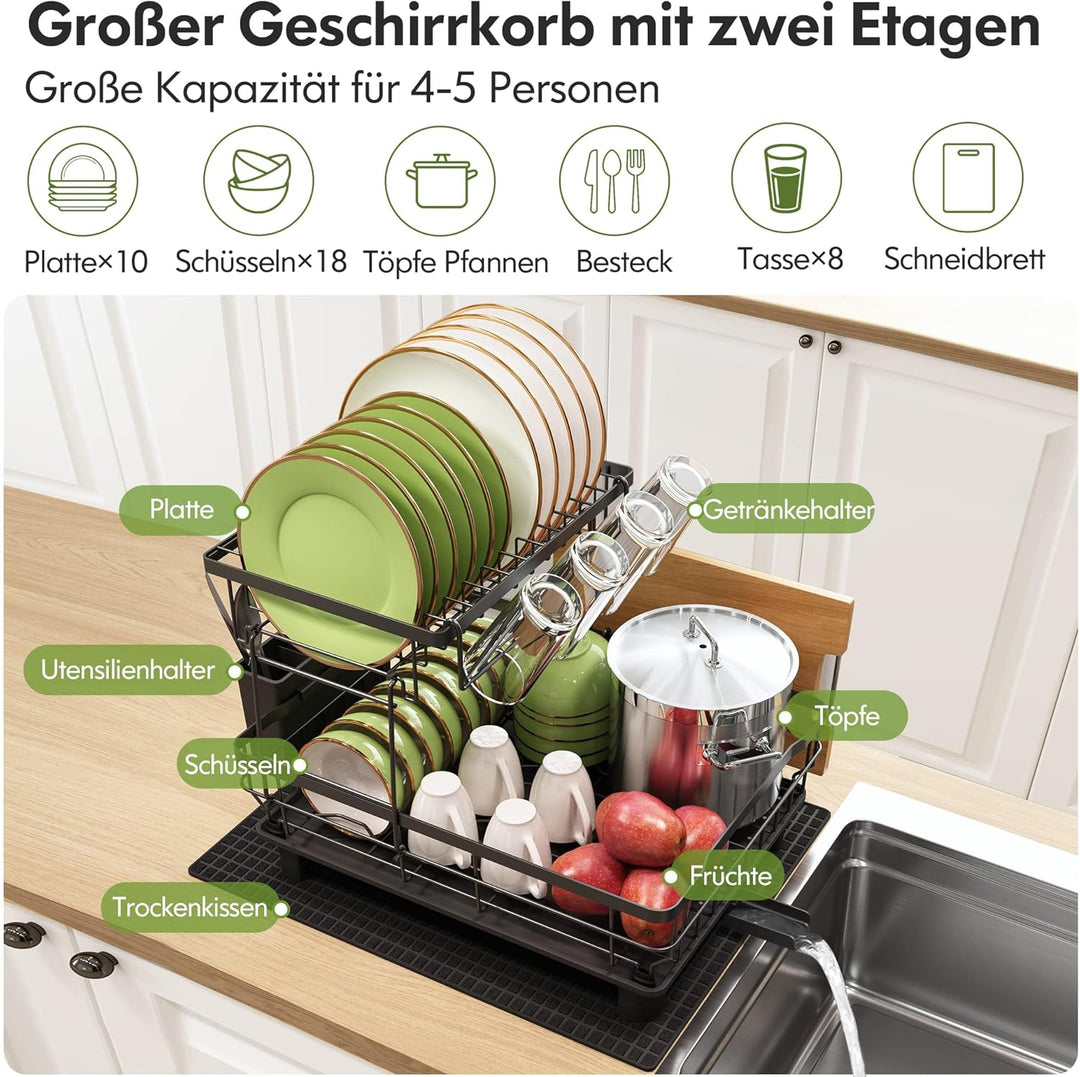 Boosiny Abtropfgestell Geschirr, Edelstahl-Geschirrabtropfgestell für Küchentheke mit Utensilienhalt