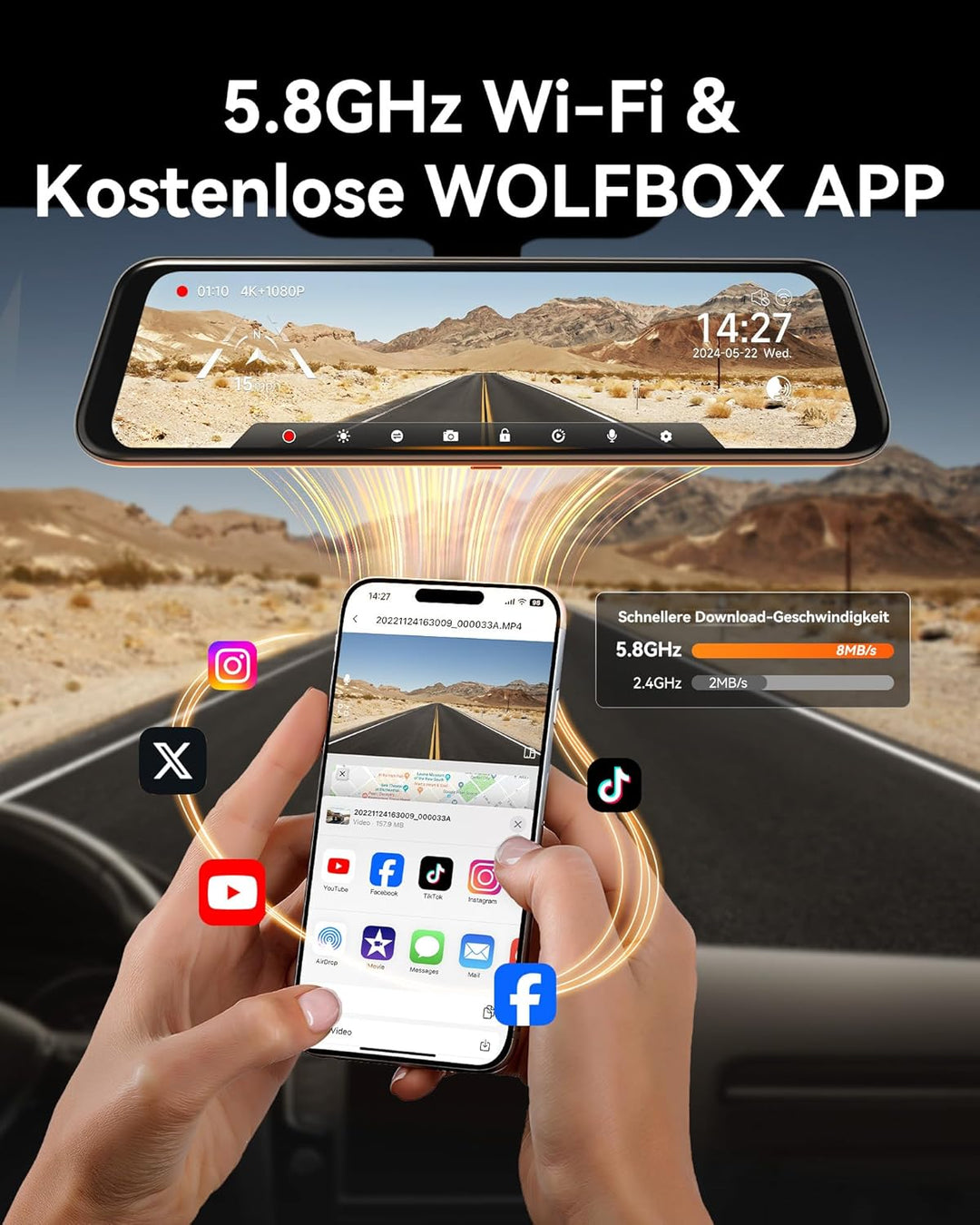 WOLFBOX 12'' G850 4K Spiegel Dashcam mit Rückfahrkamera, Dual Dash Cam Spiegel Auto Vorne und Hinten