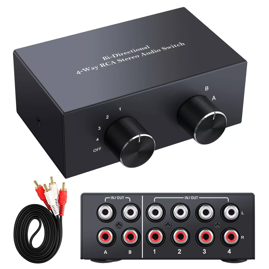 XMSJSIY 4-Wege bidirektionaler L/R RCA Stereo Audio Switcher, 2 in 4 Out oder 4 in 2 Out, L/R Sound