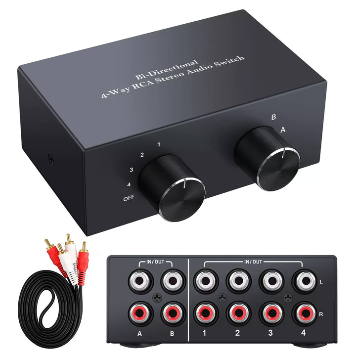 XMSJSIY 4-Wege bidirektionaler L/R RCA Stereo Audio Switcher, 2 in 4 Out oder 4 in 2 Out, L/R Sound