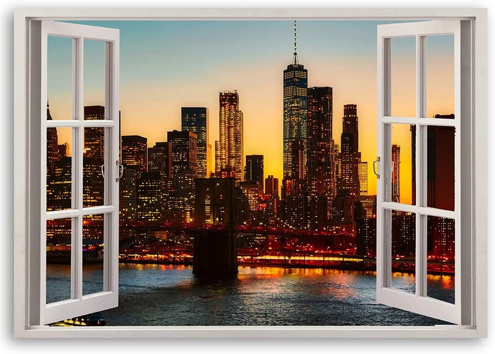 Feeby Wanddeko Manhattan Kunst modern Bilder Fenster-Illusion Braun 90x60 cm 90L x 60B cm Braun_c, 9