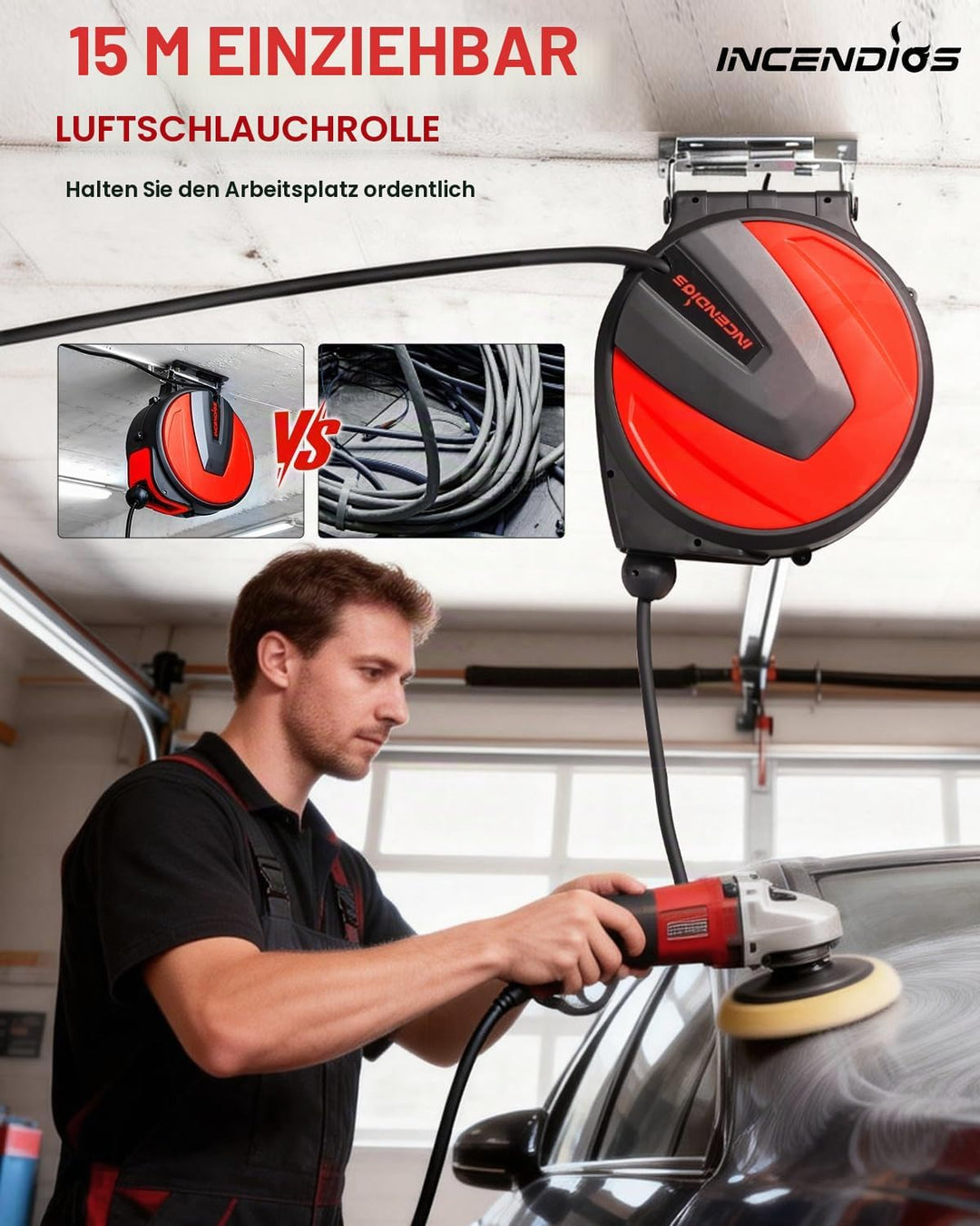 INCENDIOS Automatische Druckluftschlauchtrommel 15m, 3/8" Anschluss inkl. 1/4" Adapter, 20 BAR Druck