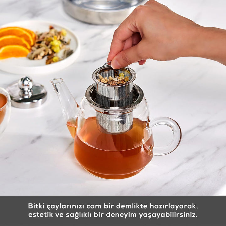 Karaca Dora Borosilikatglas Teekannen-Set mit Edelstahl-Teesieb, 2 L Kessel & 1 L Glas Teekanne mit