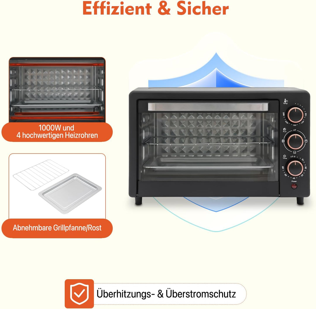 1000W Minibackofen 22L Kompakter Mini Backofen mit Grillpfanne &amp; Grillrost, 4 Heizrohre, Miniofen fü