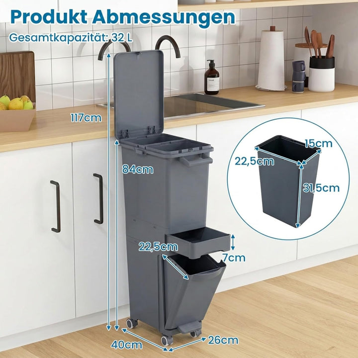 COSTWAY Mülleimer 3 Fächer, 32L Abfalleimer mit neigbarem Behälter, Schublade & Aufkleber, Tretmülle