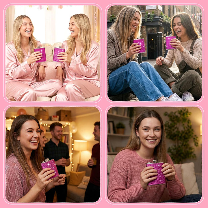 Flachmann Edelstahl mit Leder 240ml und 4 Shot Becher Set – Rosa, ideal für Reisen, JGA, Party und G