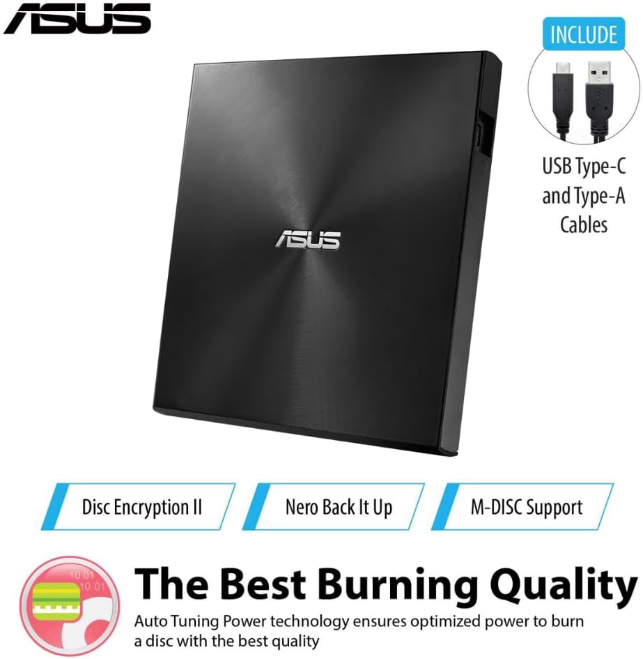 ASUS ZenDrive U9M Schwarz – USB 2.0/USB-C Slim Externer DVD-Brenner Optische Disc 8X Speed Re-Writer