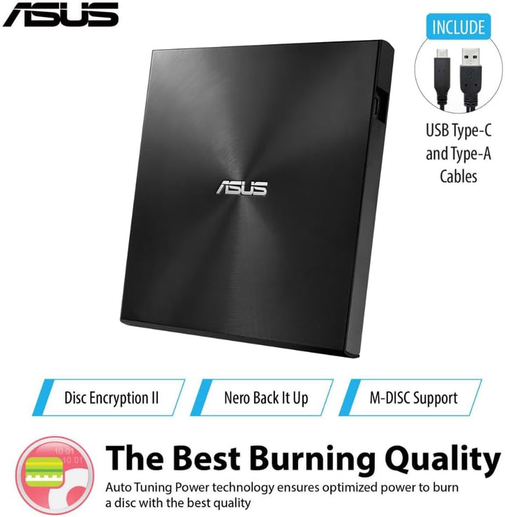 ASUS ZenDrive U9M Schwarz – USB 2.0/USB-C Slim Externer DVD-Brenner Optische Disc 8X Speed Re-Writer