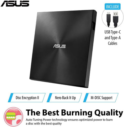 ASUS ZenDrive U9M Schwarz – USB 2.0/USB-C Slim Externer DVD-Brenner Optische Disc 8X Speed Re-Writer