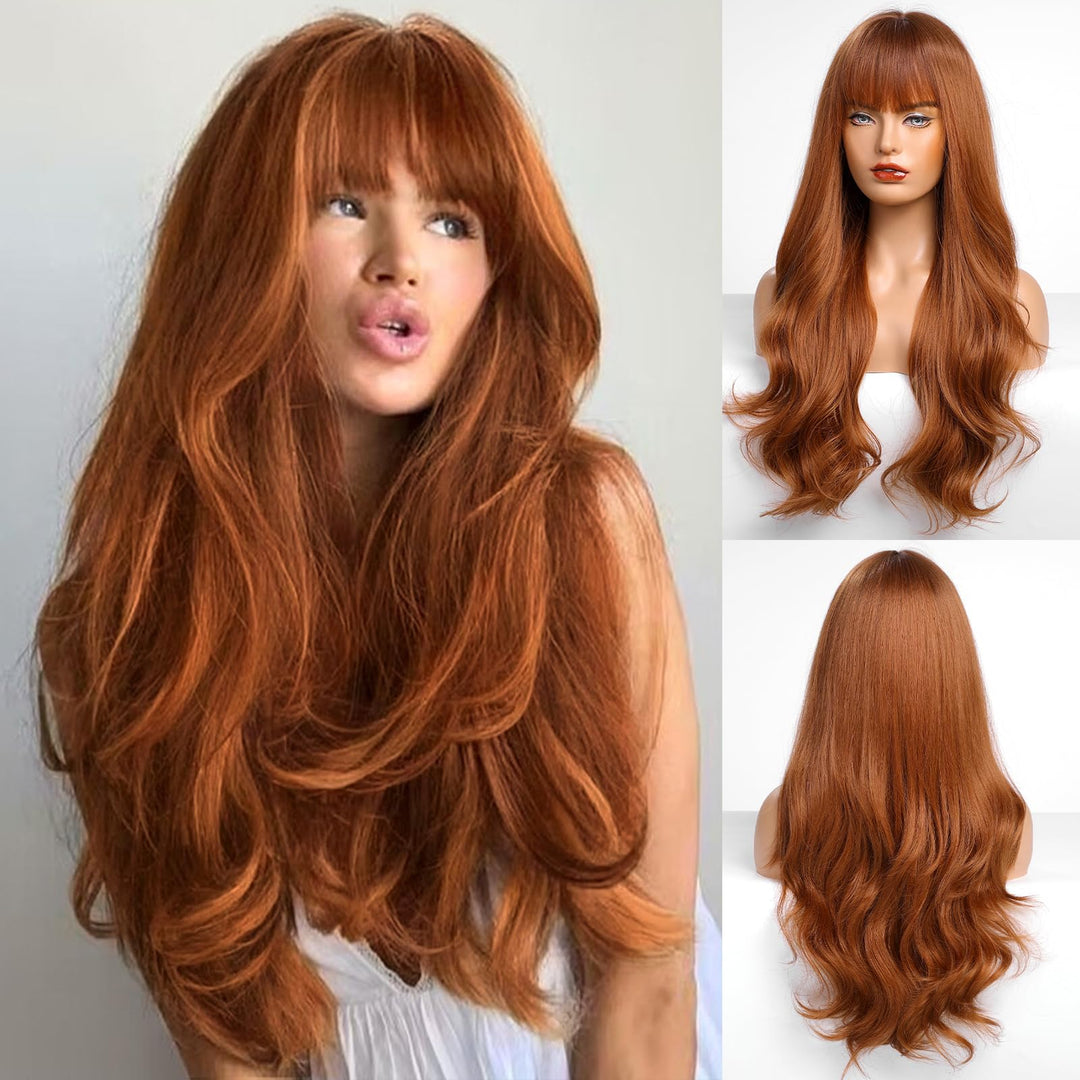 HAIRCUBE Auburn Perücke mit Bangs für Frauen Auburn Lange Wellen Haar Perücke Curly Wellen synthetis