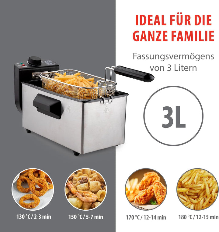 alpina Fritteuse - 3 Körbe - 5 Liter - 2000 Watt - Thermostat bis 190 °C - Anti-Heizung - Edelstahl