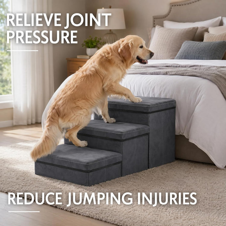 Hundetreppe mit Stauraum, faltbar, 3 Stufen, rutschfeste breite Hunderampe, Haustiertreppe für Bett