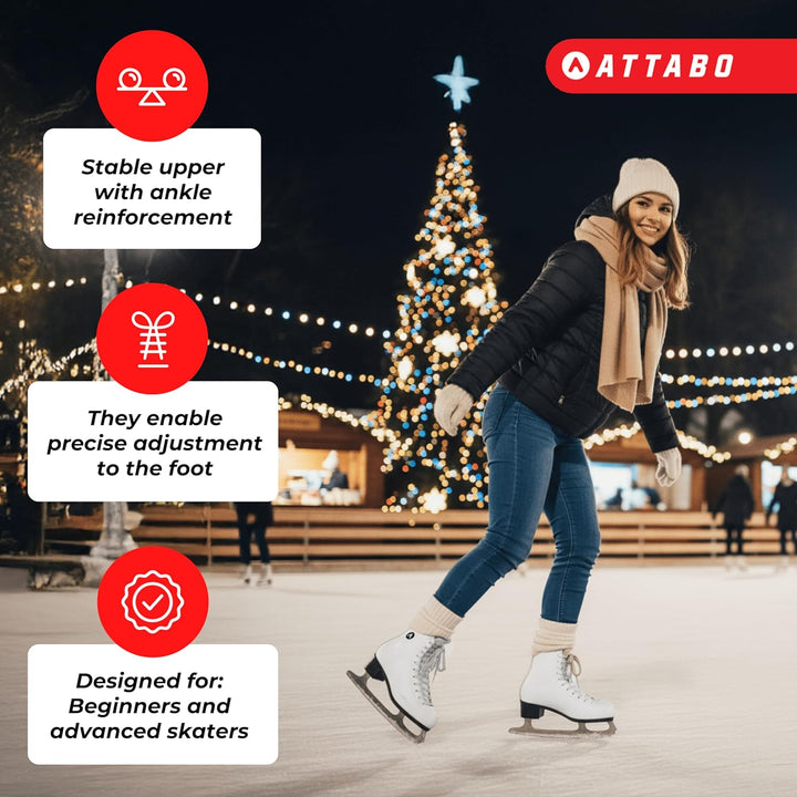 ATTABO Eislaufschuhe Damen Schlittschuhe Weiss 36-41, Schnürung, klassisches Design, Wärme und Komfo