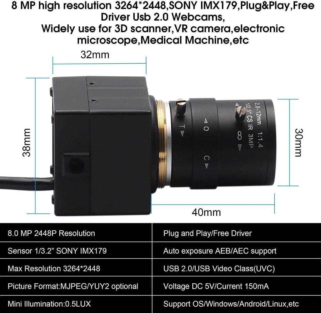 ELP 8 Megapixel Zoom Web Kamera IMX179 Sensor USB Kamera HD 2.8-12mm Variable Fokus Manuell Objektiv