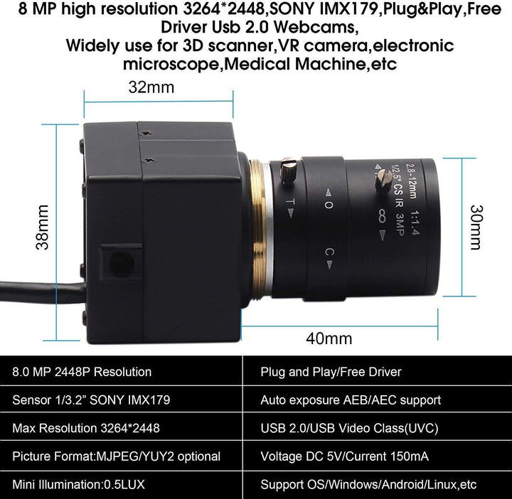 ELP 8 Megapixel Zoom Web Kamera IMX179 Sensor USB Kamera HD 2.8-12mm Variable Fokus Manuell Objektiv