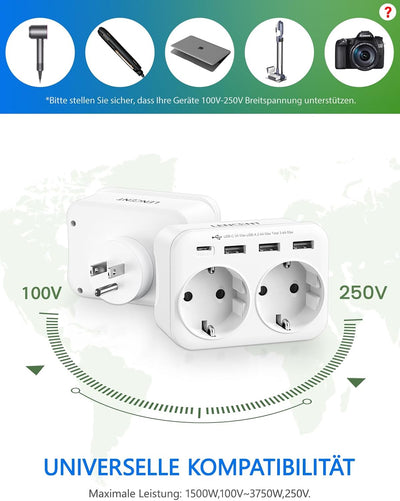 LENCENT Reiseadapter USA Deutschland Stecker, Typ B Steckdose, Reisestecker mit 1 USB-C&3 USB-A Port