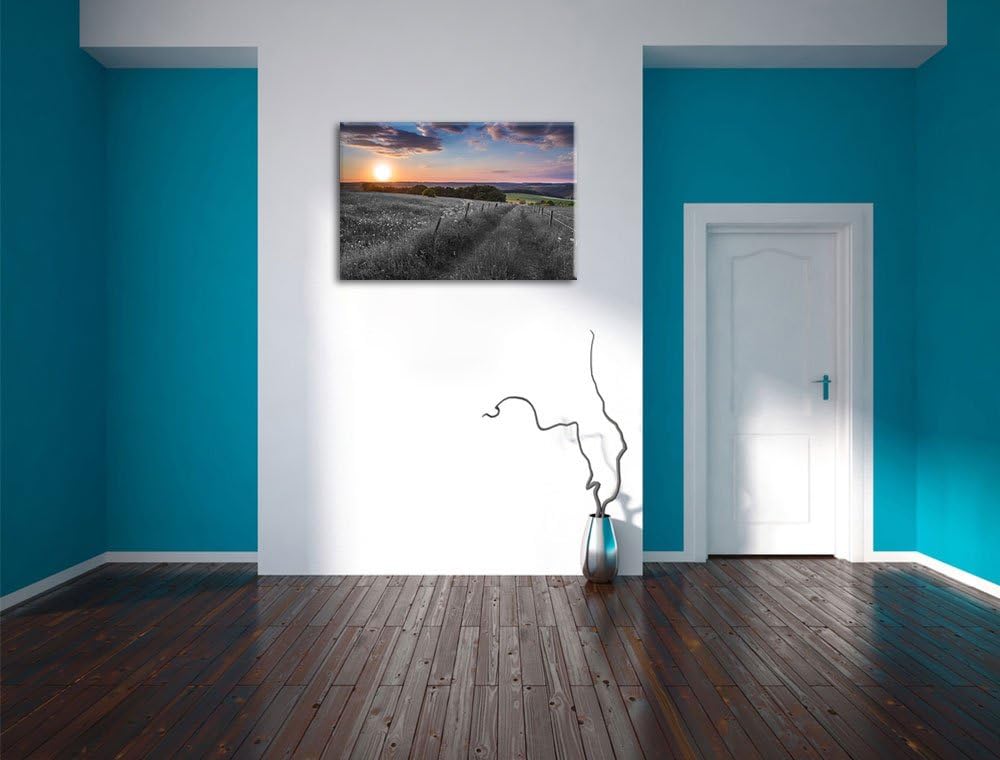 Pixxprint Bergwiese im Sonnenaufgang / 100x70cm Leinwandbild bespannt auf Holzrahmen/Wandbild Kunstd