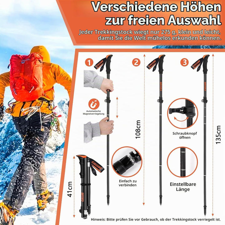 2Pcs Wanderstöcke, Nordic Walking Stöcke, Verstellbar 108-135cm, Faltbar Leichte Trekkingstöcke Dame