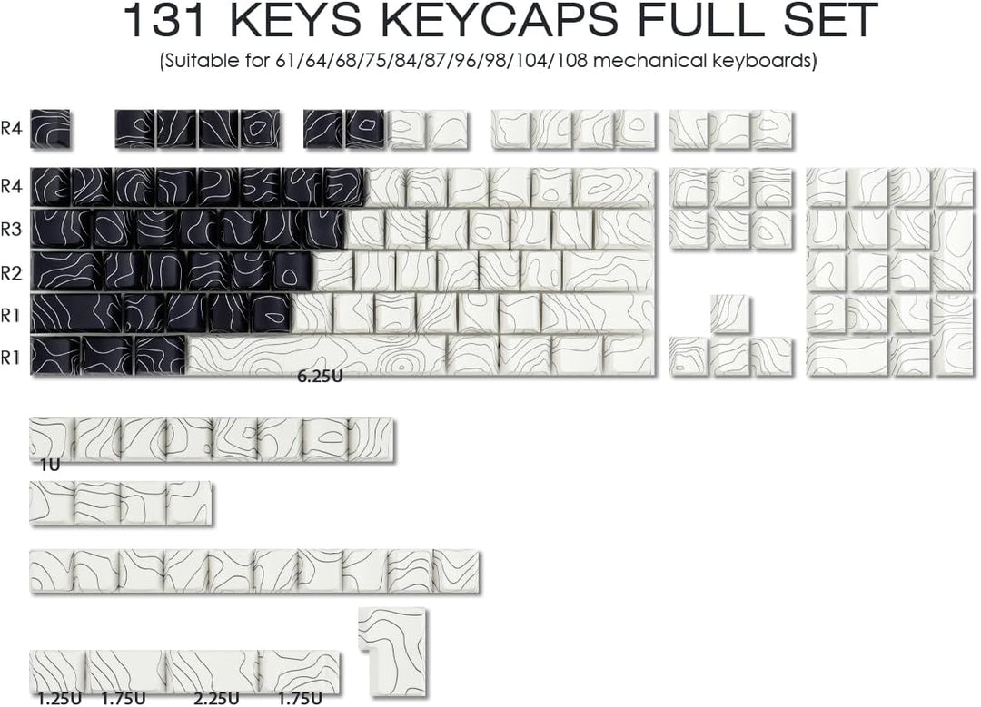 Sunzit PBT Keycaps, Schwarz&Weiss Topographische 131 Tasten Custom Cherry Profil Dye Sublimation Shi