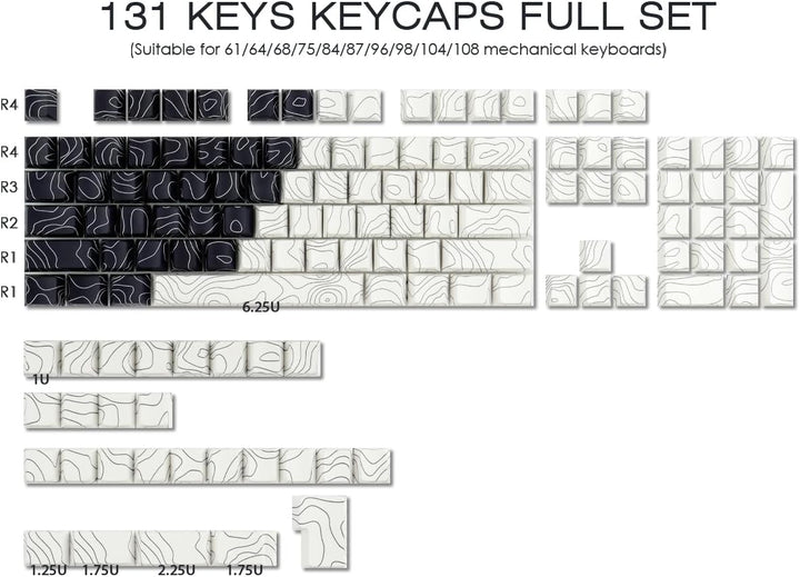 Sunzit PBT Keycaps, Schwarz&Weiss Topographische 131 Tasten Custom Cherry Profil Dye Sublimation Shi