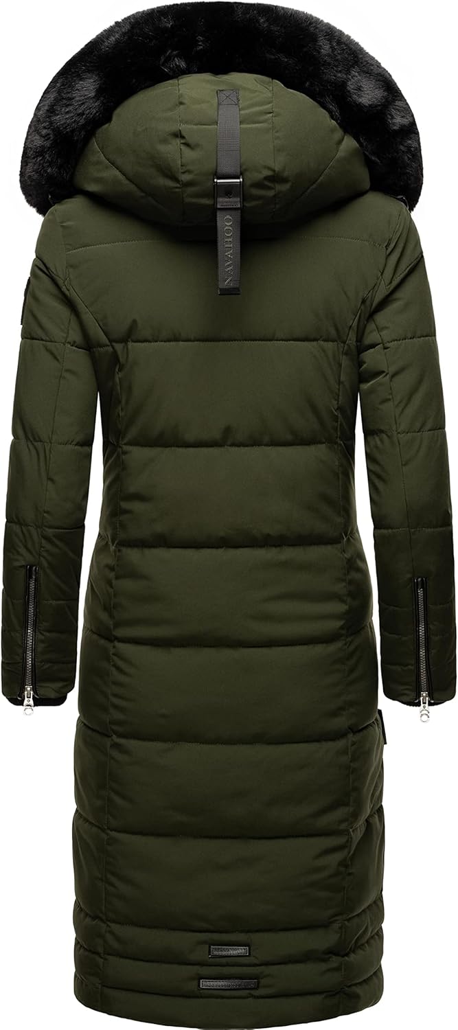 Navahoo Damen Wintermantel Warmer Steppmantel lang mit Abnehmbarer Kapuze Fahmiyaa XS-3XL XL Olive,
