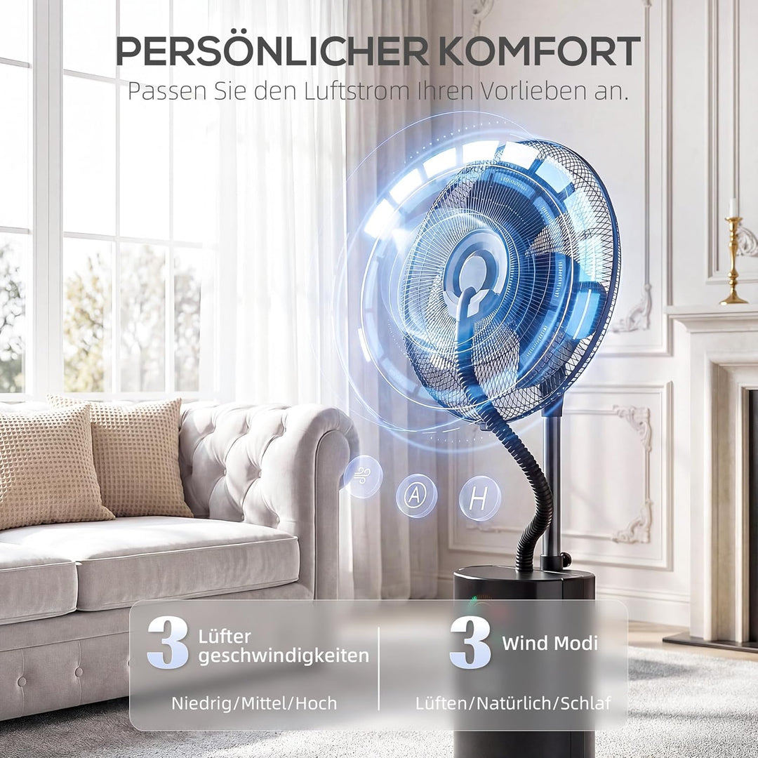 HOMCOM Ventilator mit Wasserkühlung, Luftbefeuchter leise, Neigbar Standventilator inkl. Sprühnebel,