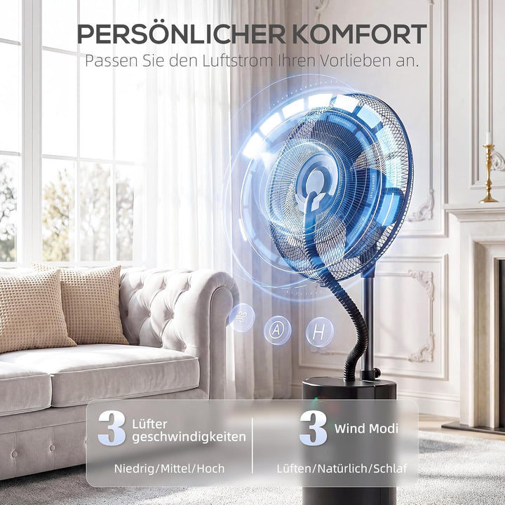 HOMCOM Ventilator mit Wasserkühlung, Luftbefeuchter leise, Neigbar Standventilator inkl. Sprühnebel,