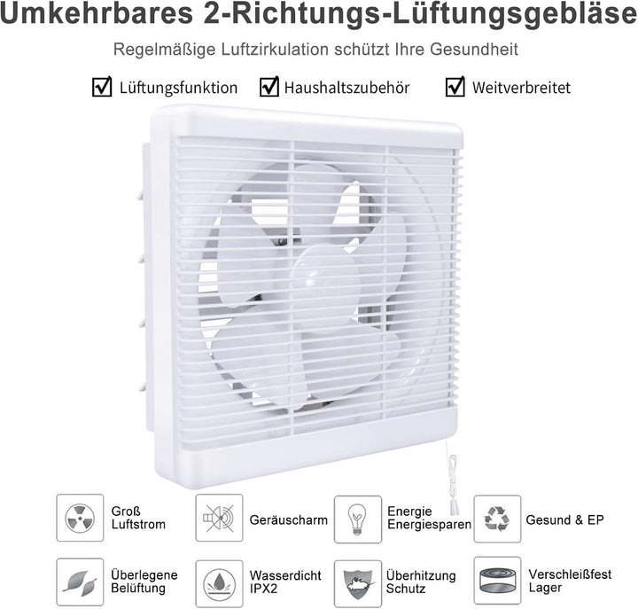 Abluftventilator 800m³/h Ø 250mm,2 Richtungen umkehrbar Starker Luftstrom Wandmontierte Ventilatoren