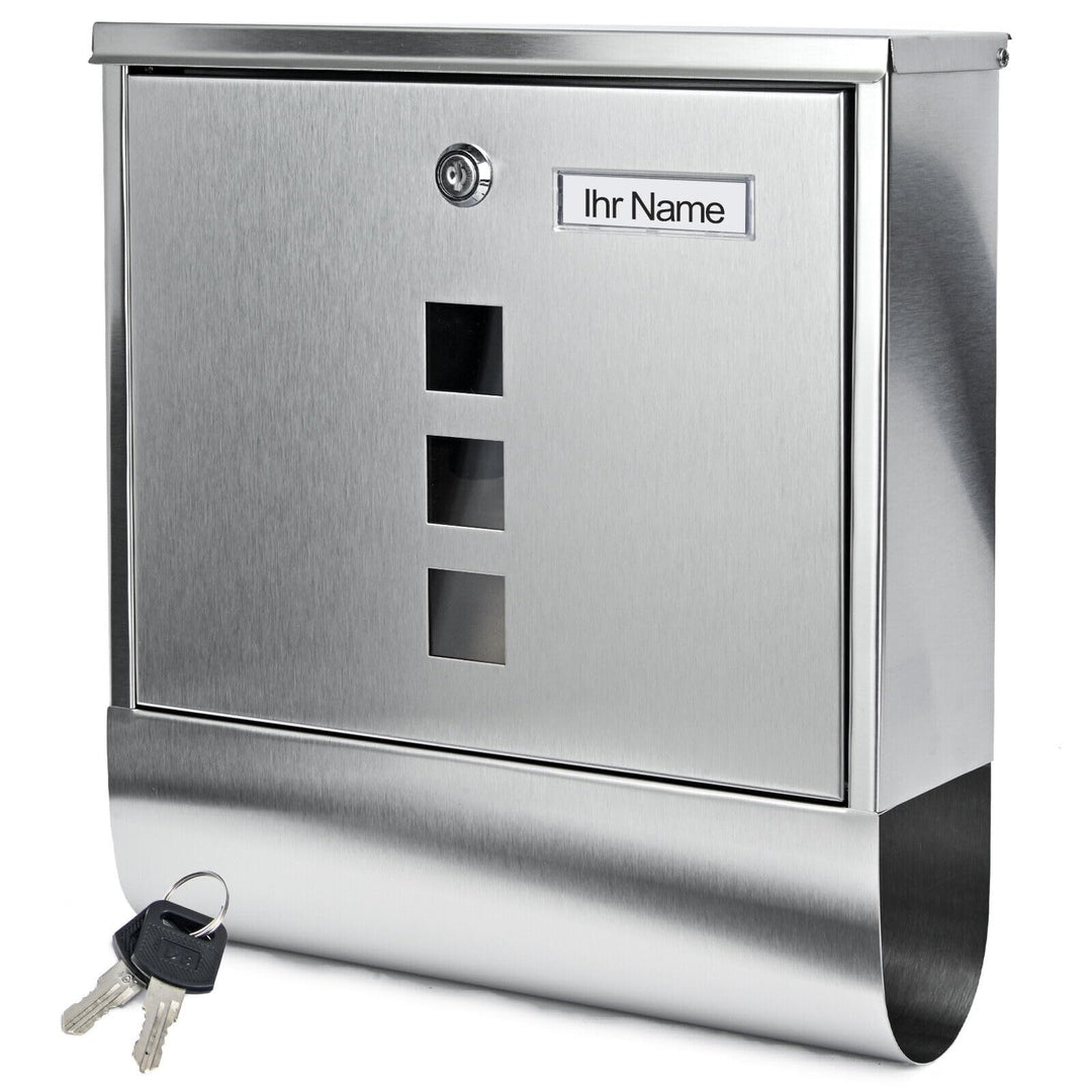 Personalisierter Briefkasten mit Zeitungsfach und 3 Sichtfenster, Edelstahl Postkasten Designer Wand