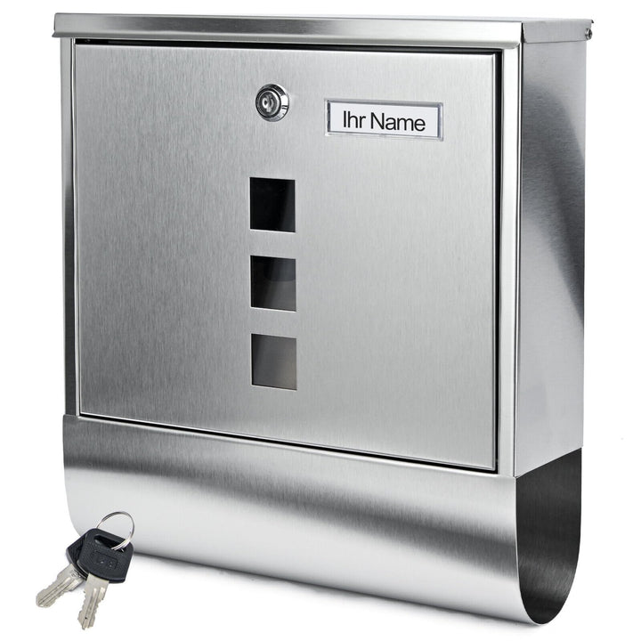 Personalisierter Briefkasten mit Zeitungsfach und 3 Sichtfenster, Edelstahl Postkasten Designer Wand