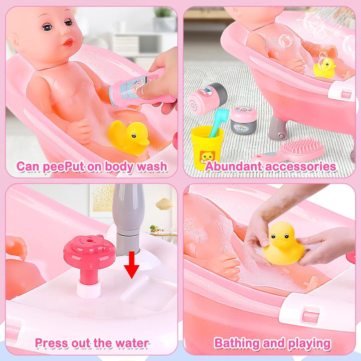 deAO Puppen Badewanne Set mit 36cm Puppe, Baby Nurse Puppen-Badewanne Puppe Bad Set mit Puppenkleidu