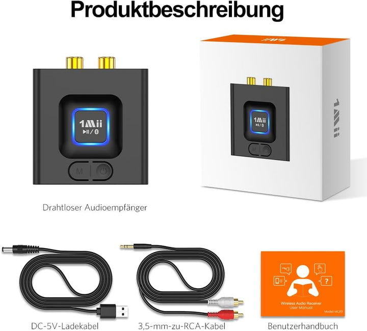 ML201 Adapter für Stereoanlage, Bluetooth 5.0 Empfänger mit 3.5mm AUX Cinch, drahtloser Audio Receiv