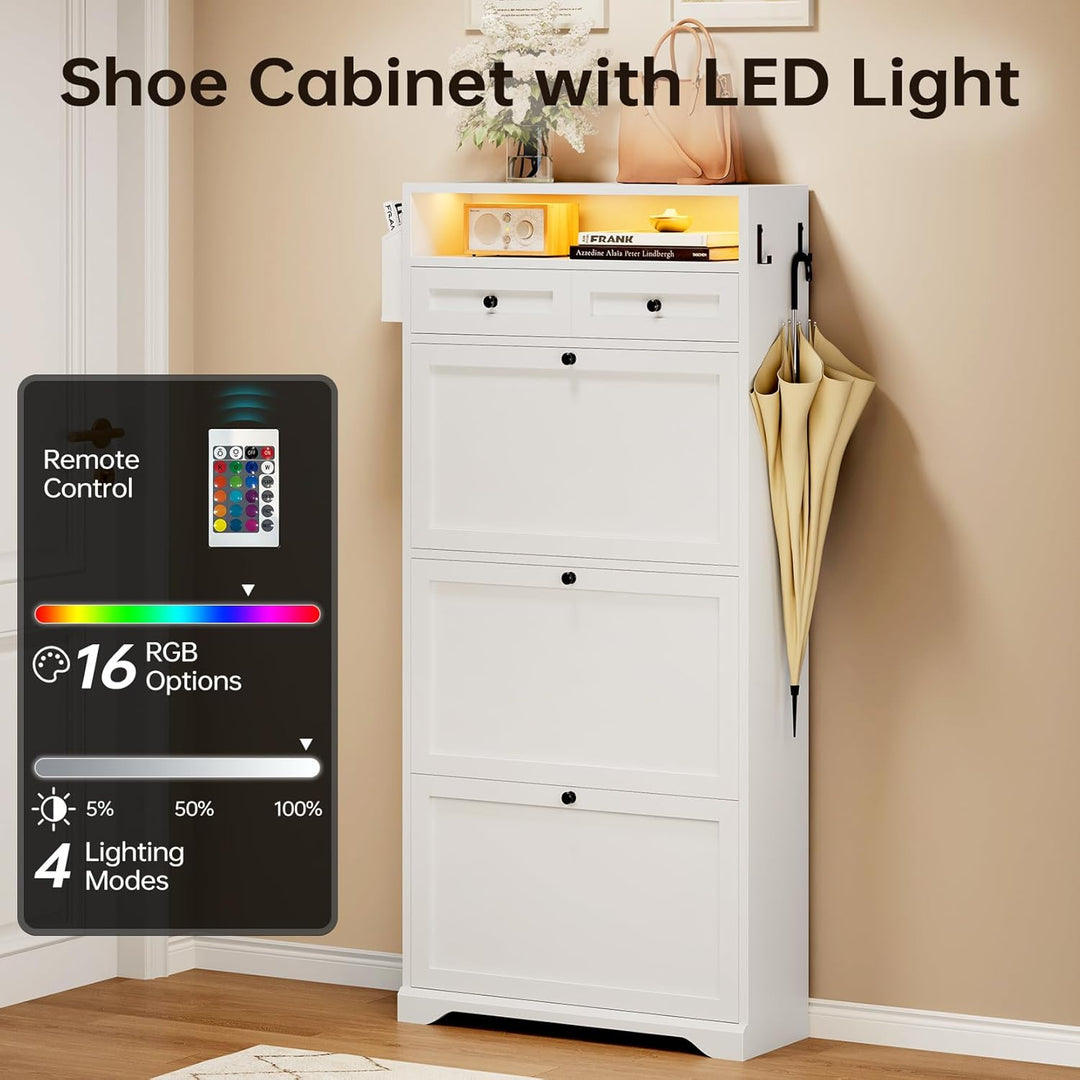 Dripex Schuhschrank schmal 3 Klappen, Schuhkipper mit LED, Verstellbare Trennwände, 2 Kommode Schuhr
