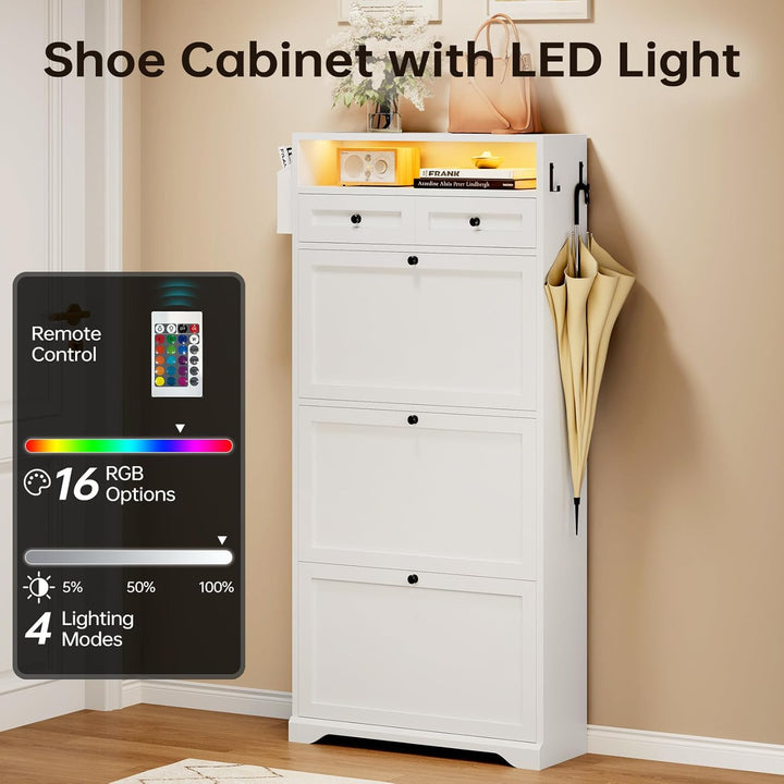 Dripex Schuhschrank schmal 3 Klappen, Schuhkipper mit LED, Verstellbare Trennwände, 2 Kommode Schuhr