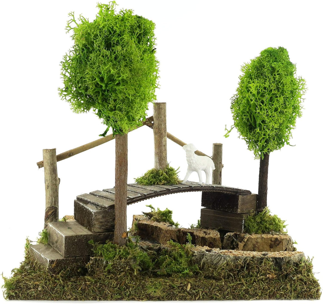 Ferrari & Arrighetti Fluss mit Fussbrücke und Bäumen, Holz, Mehrfarbig, Einheitsgrösse