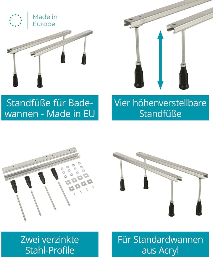 Calmwaters® Wannenfuss Universal für Acrylbadewannen, 4 höhenverstellbare Standfüsse aus verzinktem