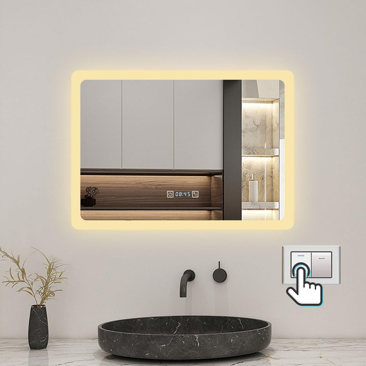 Biubiubath 80x60cm LED Badspiegel mit Uhr,Touch-Schalter,Badspiegel mit Beleuchtung,Beschlagfrei,Bad