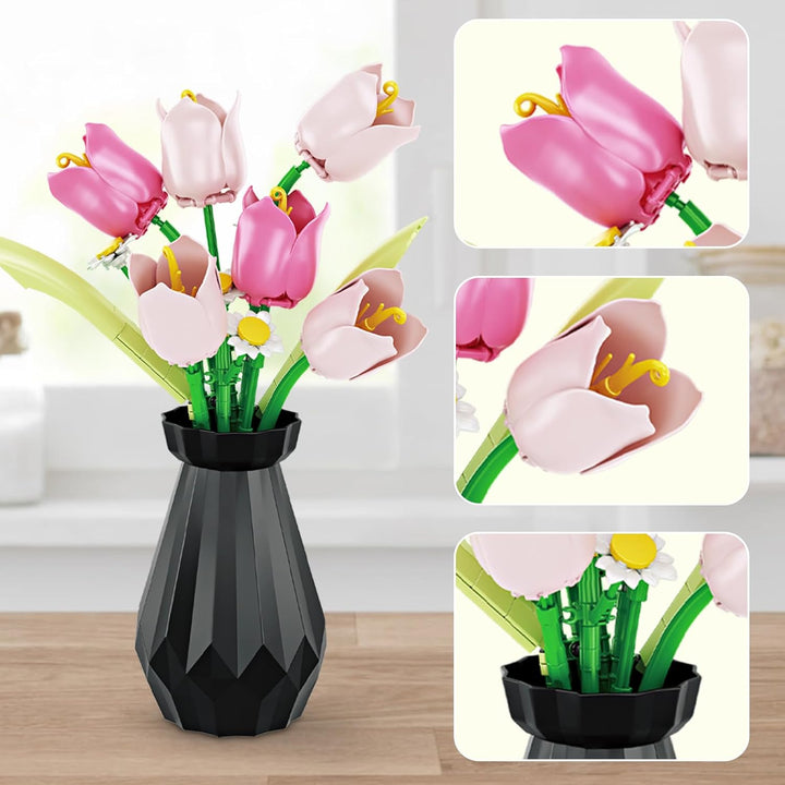WINNER SPACE Tulpen Blumen Bauspielzeugset mit Vase, 223pcs Botanical Collection Bauklotz Spielzeug
