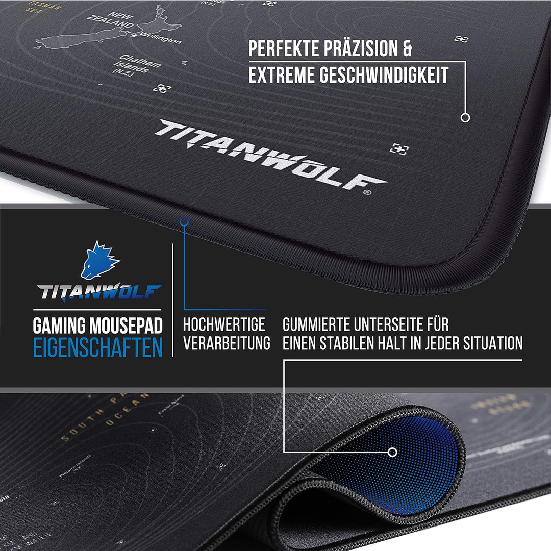 TITANWOLF - XXL Speed Gaming Mauspad Titanwolf Weltkarte 900 x 400mm - XXL Mousepad - Tischunterlage