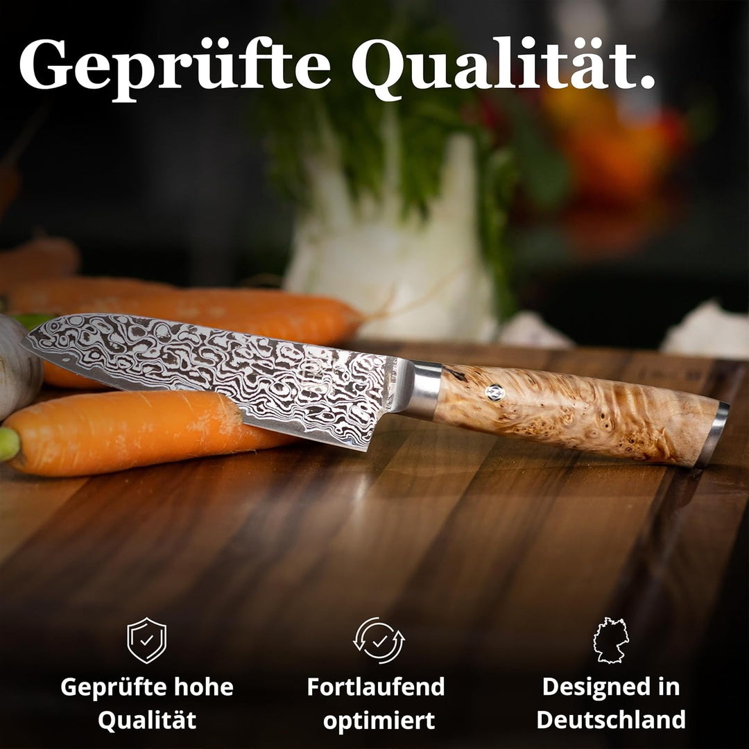 zayiko Kinone Premium Kleines Santokumesser - 12 cm Klinge, 67 Lagen Damaststahl, ergonomischer Birk