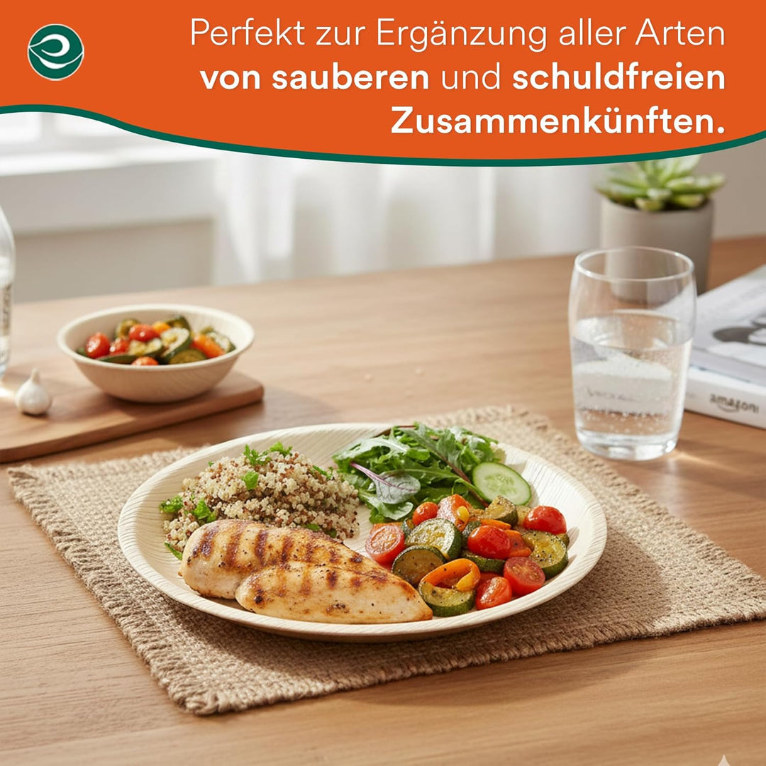 ECO SOUL 100% kompostierbare 25 cm, runde Palmblatt Teller [50 Stück] I Premium Palmblatt Geschir I