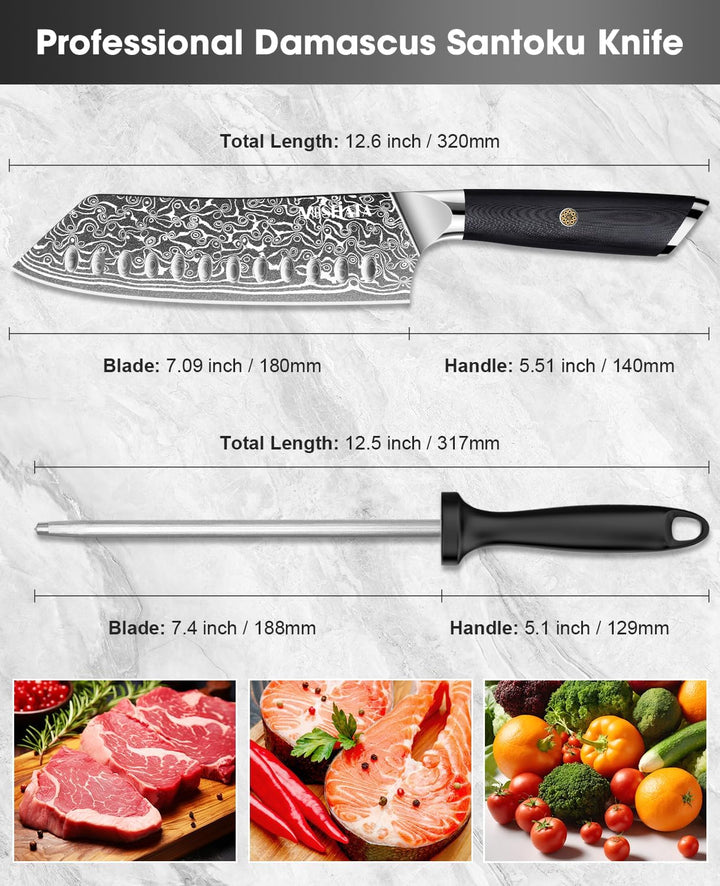 MOSFiATA Damast Santokumesser Scharf 7 Zoll, Küchenmesser Damastmesser Japanisches Messer Chef Knife