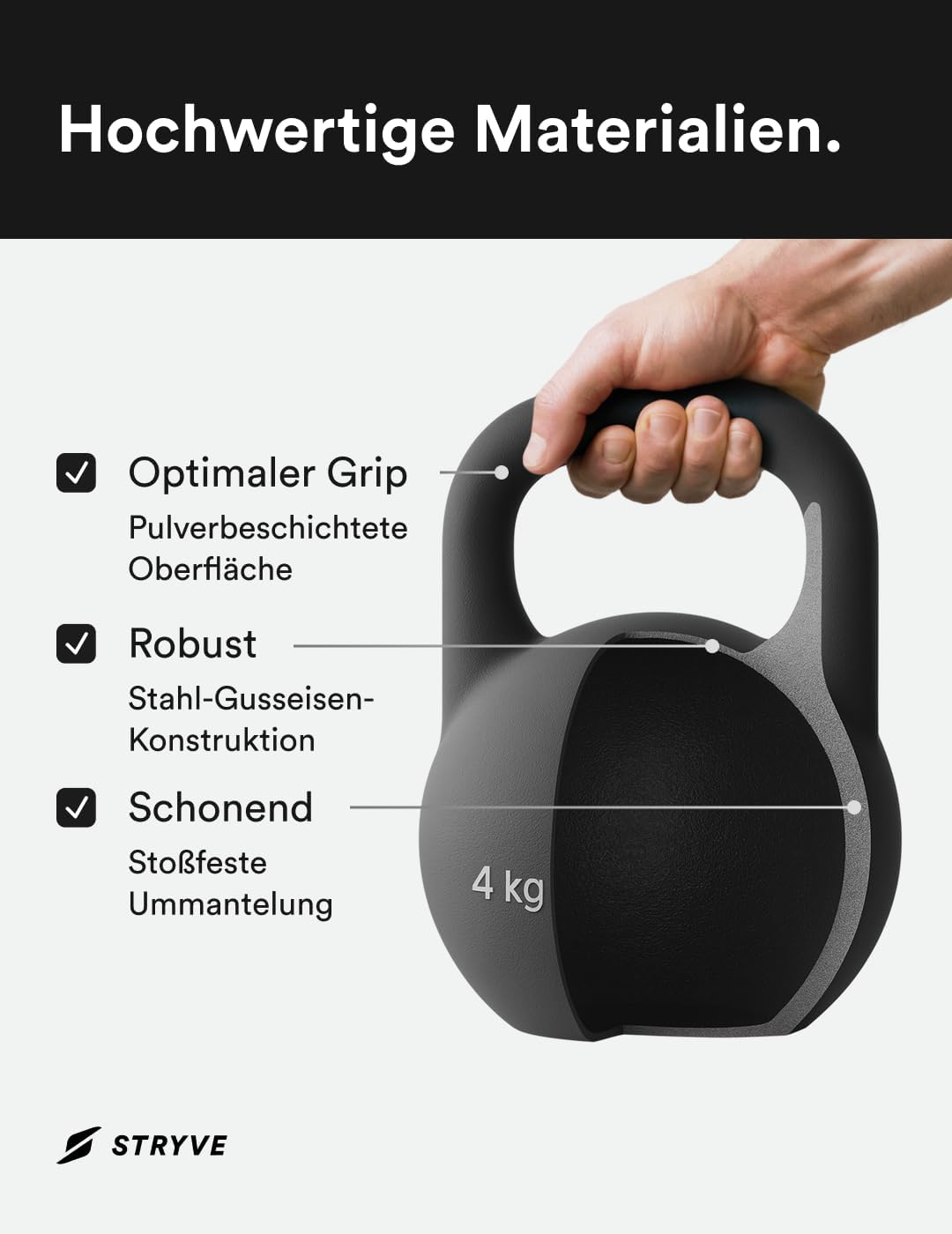 STRYVE Competition Kettlebell 4-16 Kg, hochwertige Kugelhantel aus Gusseisen inkl. Trainingsplan 4 K