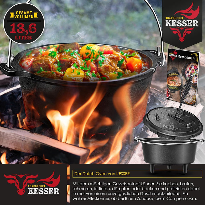 KESSER® Dutch Oven Set BBQ Feuertopf Schmortopf, Gusseisen Topf mit Deckelheber Henkel und Schlitz f