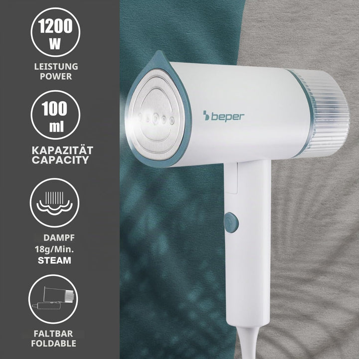 BEPER P204FER210 Tragbarer, faltbarer Vertikal-Dampfglätter – 1200 W, 18 g/min Dauerdampf, 100 ml ab