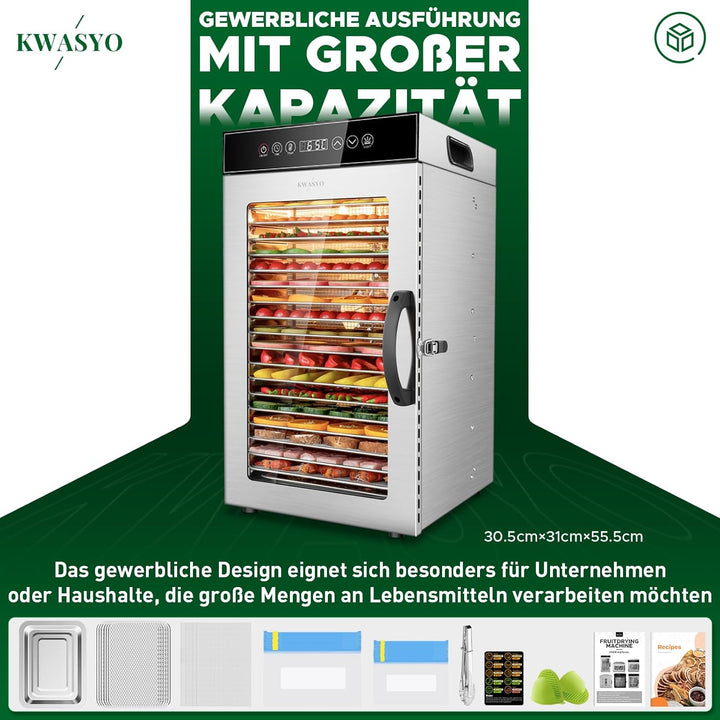 Kwasyo Gewerblicher Dörrautomat 18 Etagen, 800W Edelstahl Lebensmittel Dehydrator mit 360° Luftzirku
