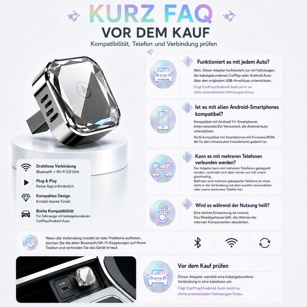 CarPlay Wireless & Android Auto 2-in-1 Adapter, Plug & Play für kabelgebundenes CarPlay, 5.8GHz WiFi