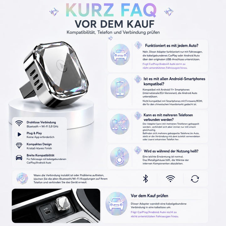 CarPlay Wireless & Android Auto 2-in-1 Adapter, Plug & Play für kabelgebundenes CarPlay, 5.8GHz WiFi