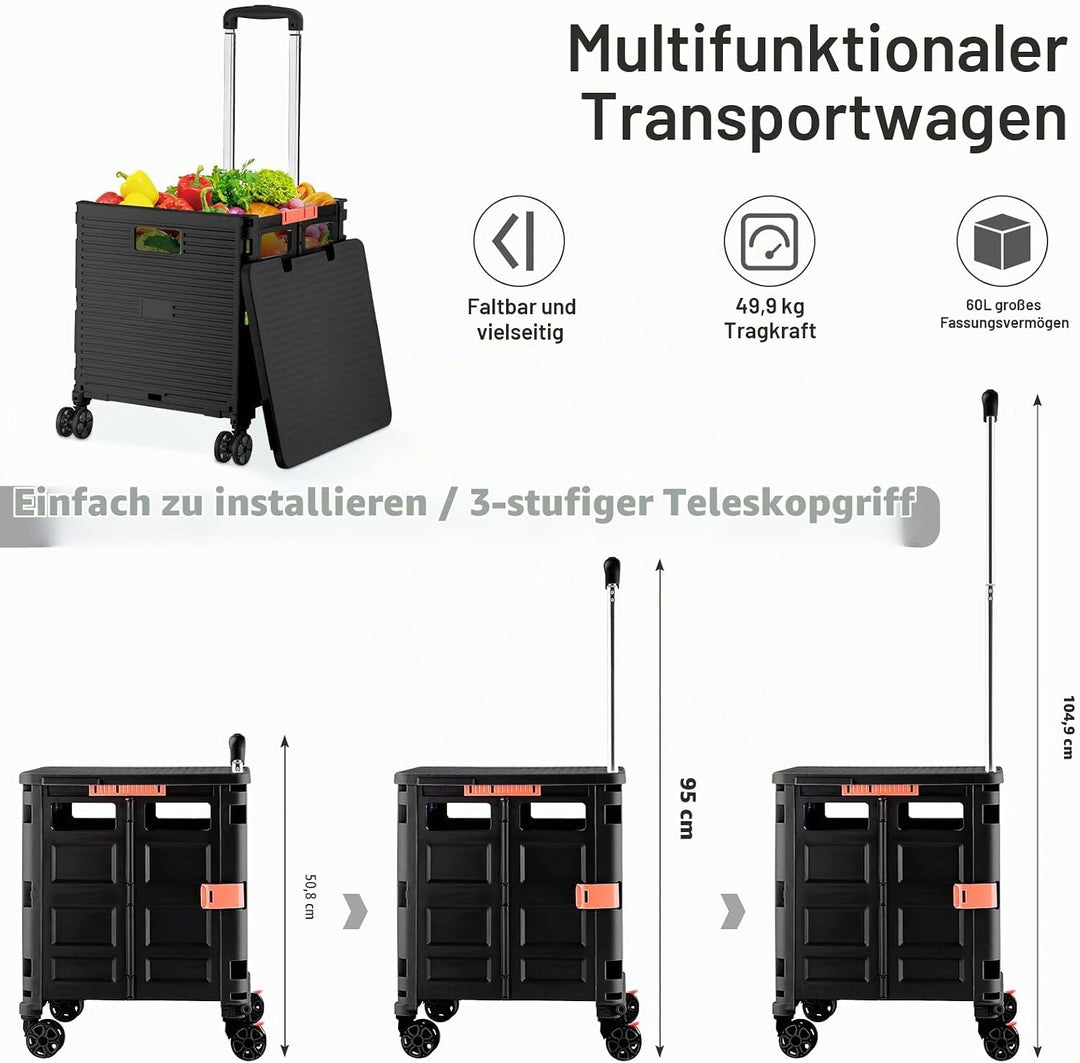 Einkaufstrolley Klappbar Transport Trolley bis 80KG Einkaufswagen Trolley mit Deckel und Teleskop Gr